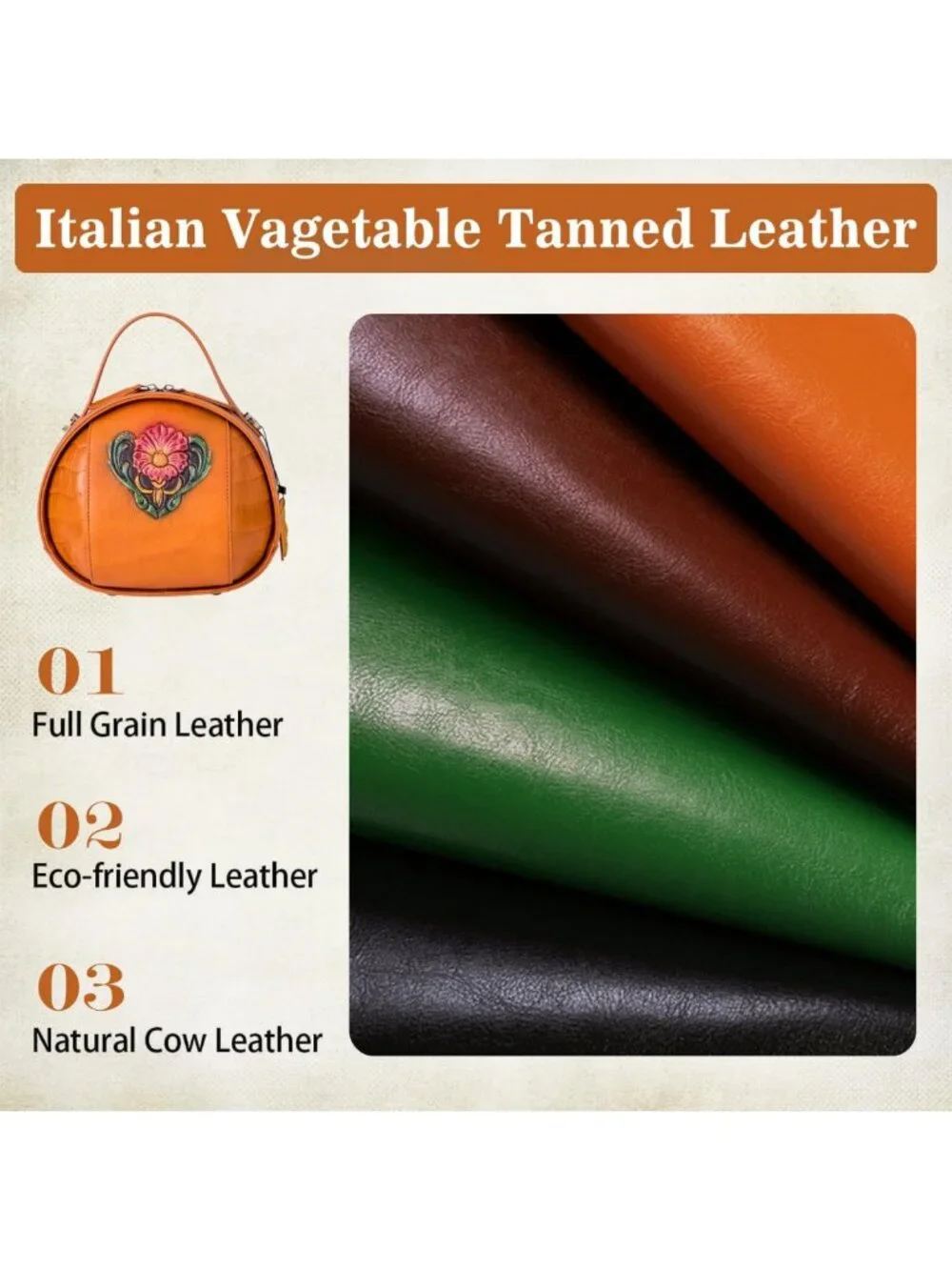 Vintage Leather Crossbody Bag for Women - Embossed Flower Design, Structured